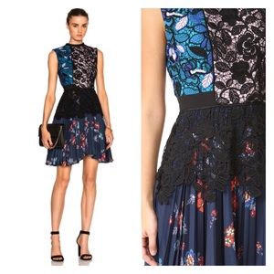 SELF-PORTRAIT Nina Guipure Lace Mixed Print Pleated High Neck Mini Dress US 6